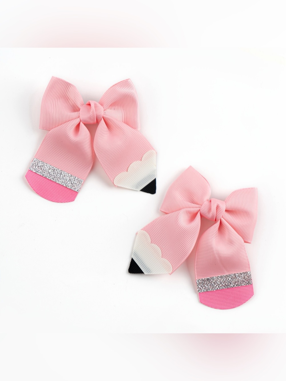 Brand New Set of 2 Pink Kids Hair Bow Pair with Glitter & Pencil Tip Detail